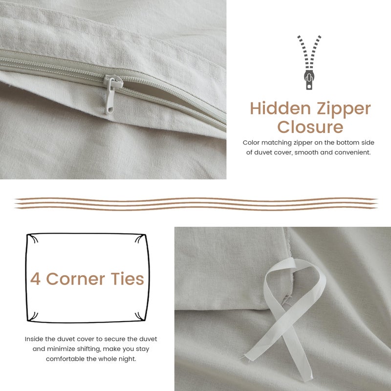 BISELINA French Linen Duvet Cover Set 3pcs with Hidden Zipper Closure Natural Flax Cotton Blend Solid Color Soft Breathable Luxury Farmhouse Bedding - King Size, Khaki Grey - Image 3
